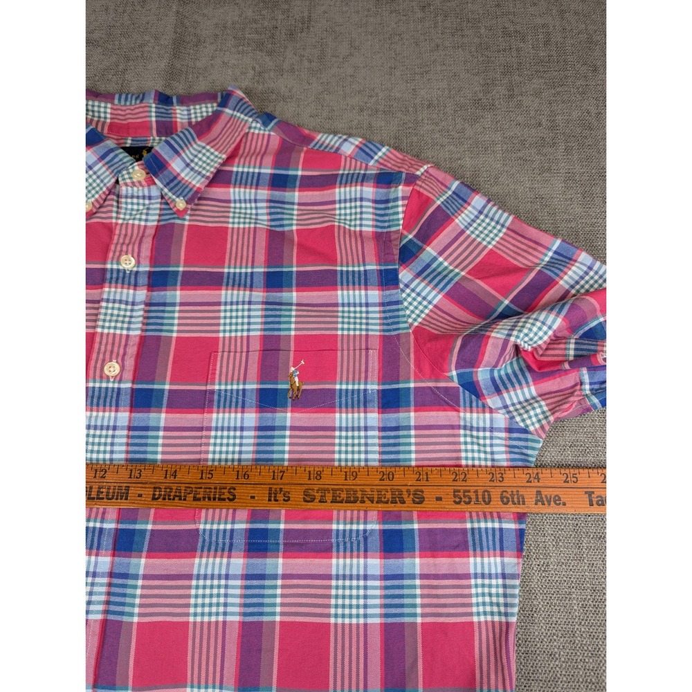 Polo Ralph Lauren Oxford Shirt Mens XL Pink Blue Plaid Slim Fit Flesh Pony Top - Picture 4 of 7
